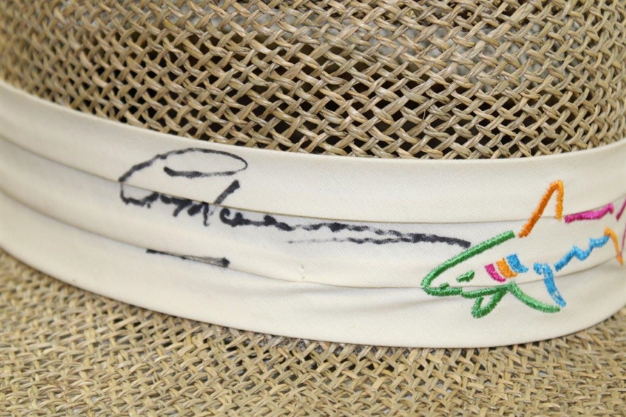 Greg Norman Signed Personal Worn Shark Logo Tan Straw Gambler Hat JSA ALOA