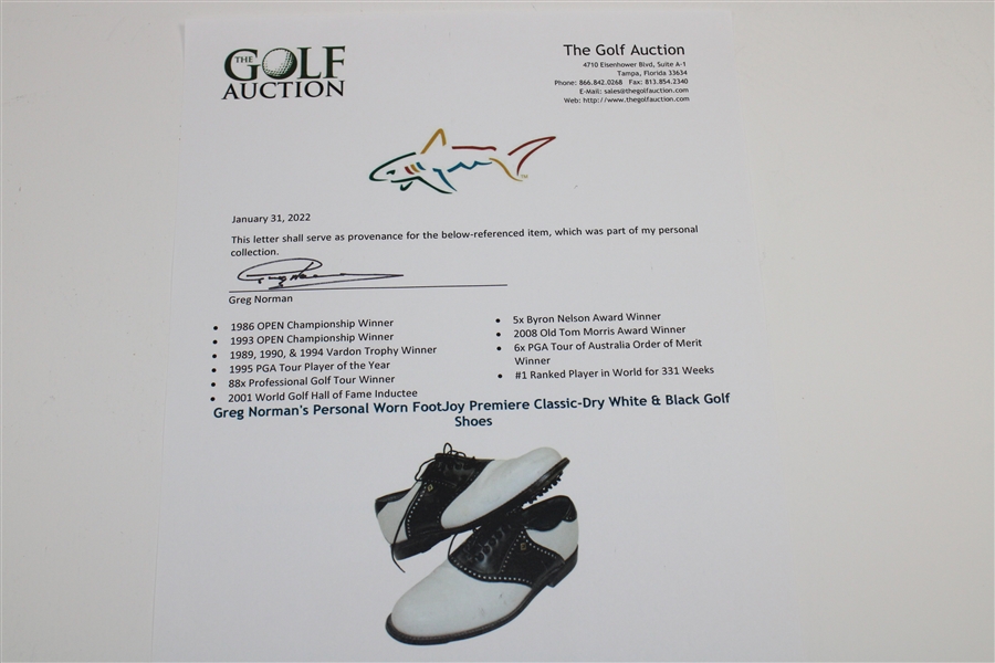 Greg Norman's Personal Worn FootJoy Premiere Classic-Dry White & Black Golf Shoes