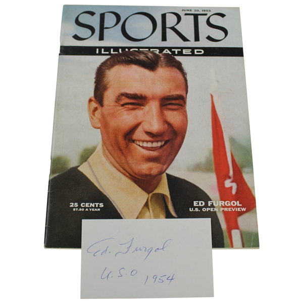 Ed Furgol Signed 3x5 Card 'U.S.O. 1954' with 1955 Sports Illustrated - June 20th JSA ALOA