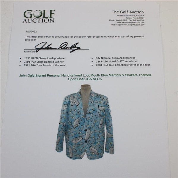 John Daly Signed Personal Hand-tailored LoudMouth Blue Martinis & Shakers Themed Sport Coat JSA ALOA