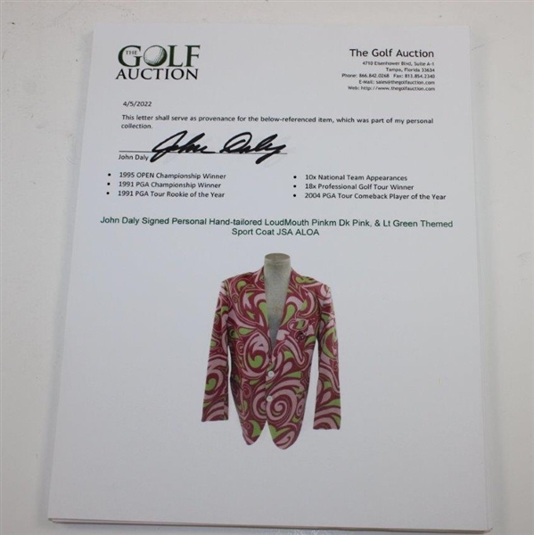 John Daly Signed Personal Hand-tailored LoudMouth Pinkm Dk Pink, & Lt Green Themed Sport Coat JSA ALOA