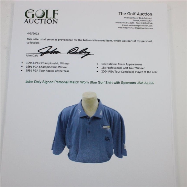John Daly Signed Personal Match Worn Blue Golf Shirt with Sponsors JSA ALOA