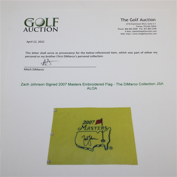 Zach Johnson Signed 2007 Masters Embroidered Flag - The DiMarco Collection JSA ALOA
