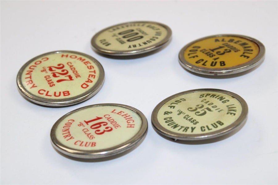 Group of Five (5) Vintage Caddie/Caddy Class A & B Badges