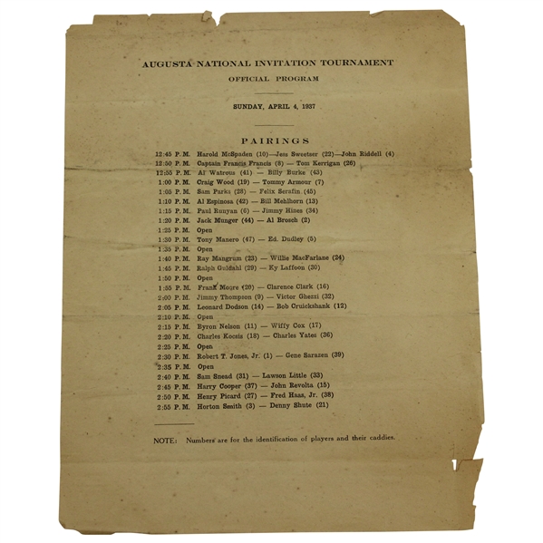 1937 Augusta National Inv. Tournament Sunday Final Rd Program/Pairing Guide
