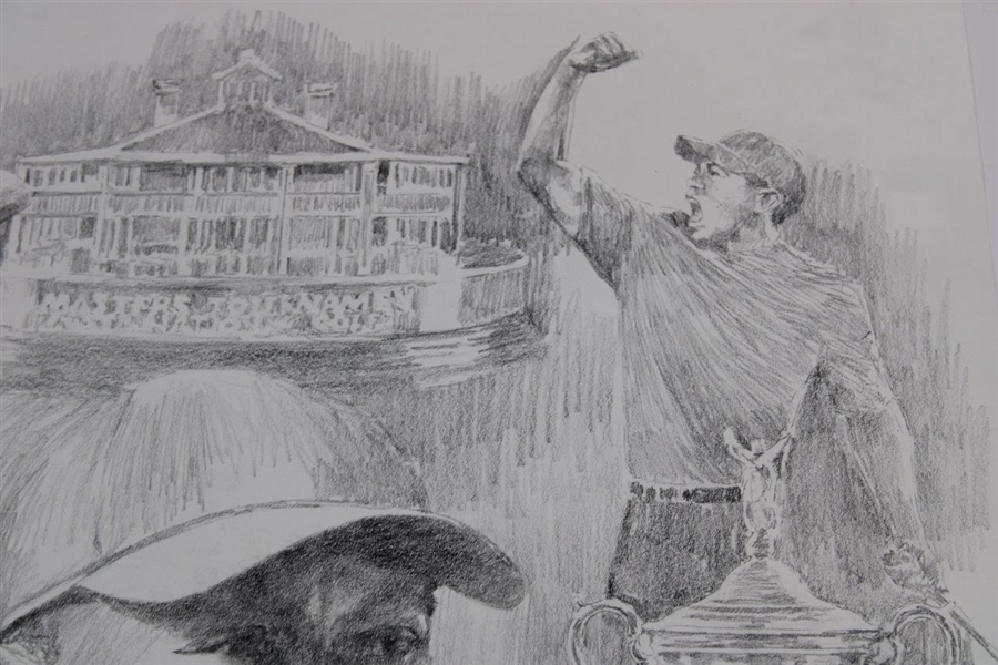 Original Tiger Woods 'Grand Slam' Pencil Sketch By Artist Robert Fletcher - Framed