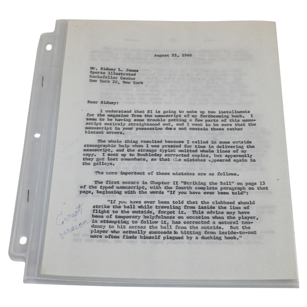 Bobby Jones Signed Three Page Typed Letter To Sports Illustrated's Sidney L. James - 1960 JSA ALOA