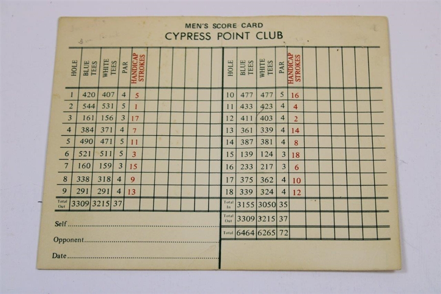 Vintage - Early Cypress Point Club Official Men's Score Card - Unscored