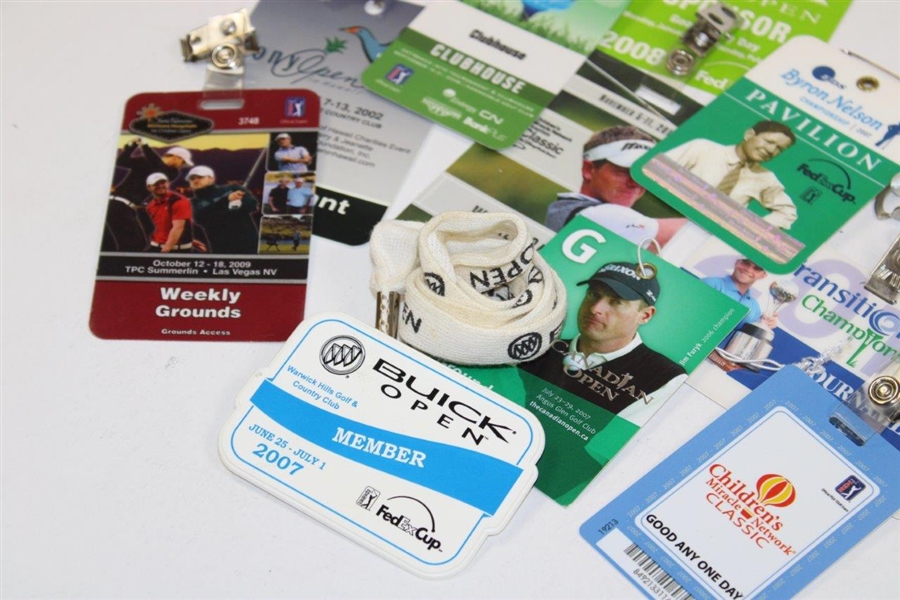 Ten (10) Various PGA Tour Badges Including Tiger Win 2007 Buick Open