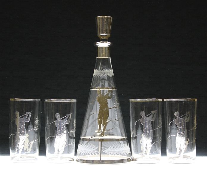 Vintage Silver Overlay Glass Decanter With Four (4) Drinking Glasses