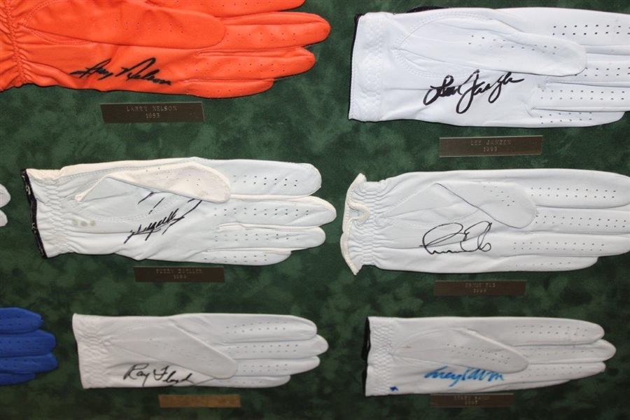 Thirty-Five (35) US Open Champs Signed Golf Gloves - Framed - Doug Sanders Collection JSA ALOA