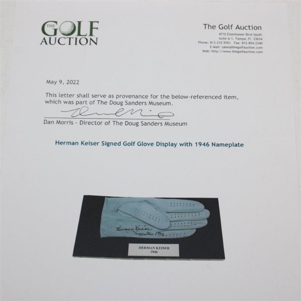 Herman Keiser Signed Golf Glove Display with 1946 Nameplate JSA ALOA