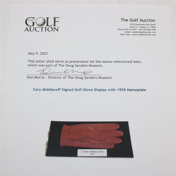 Cary Middlecoff Signed Golf Glove Display with 1955 Nameplate JSA ALOA