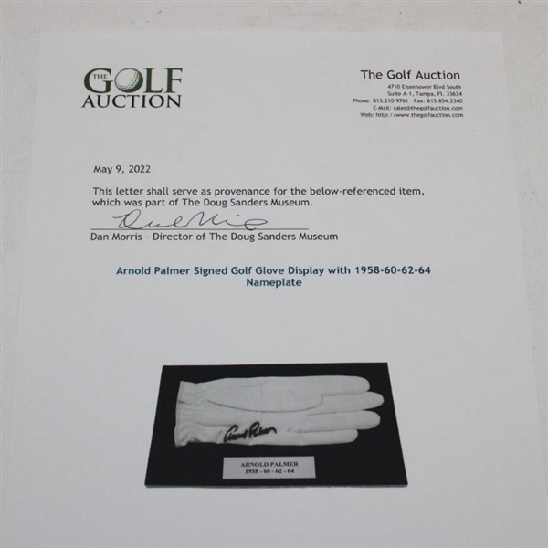 Arnold Palmer Signed Golf Glove Display with 1958-60-62-64 Nameplate JSA ALOA