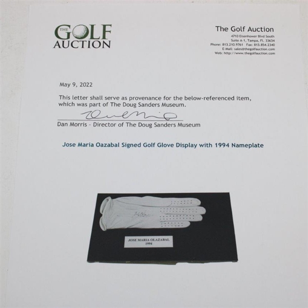 Jose Maria Oazabal Signed Golf Glove Display with 1994 Nameplate JSA ALOA
