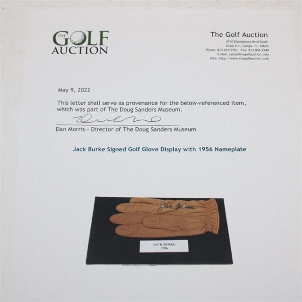 Jack Burke Signed Golf Glove Display with 1956 Nameplate JSA ALOA