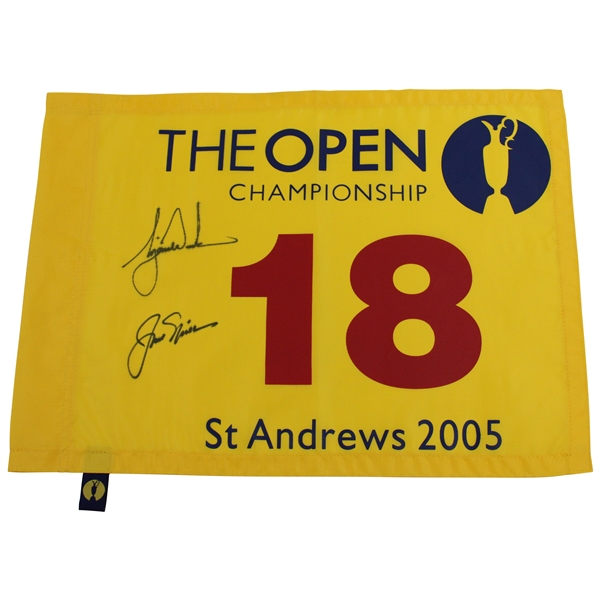 Tiger Woods & Jack Nicklaus Signed 2005 OPEN at St. Andrews Flag JSA #B47345