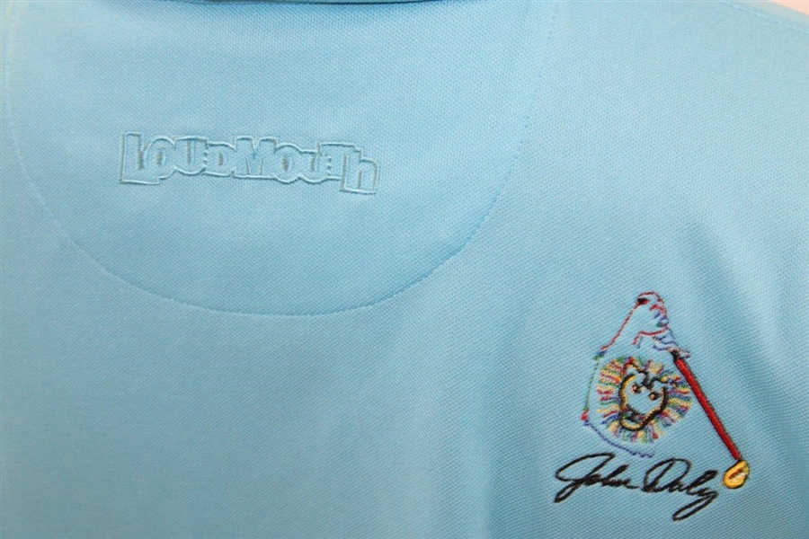 John Daly Signed Personal Match Worn Aqua Blue Golf Shirt with Sponsors JSA ALOA