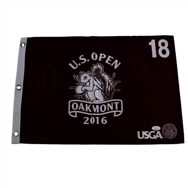 Dustin Johnson Signed 2016 US Open at Oakmont Red Screen Flag JSA #VV50246