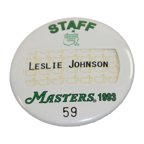 1993 Masters Tournament Staff Pinback Badge #59 - Leslie Johnson - Club Barber