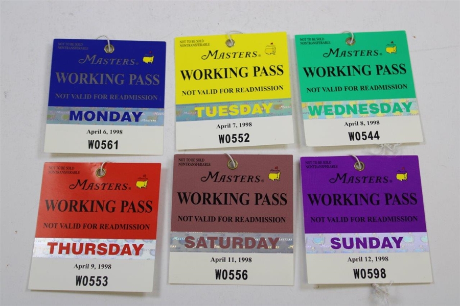 Set of Six (6) 1998 Masters Working Pass Badges - Mon-Sat & Sunday