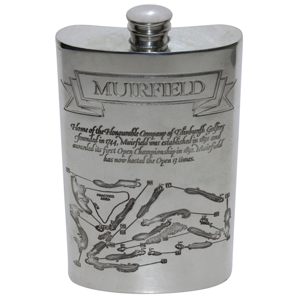 Muirfield Sheffield Pewter Flask with Course Layout with Funnel in Box