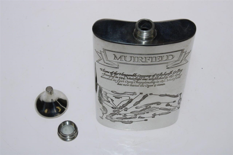Muirfield Sheffield Pewter Flask with Course Layout with Funnel in Box