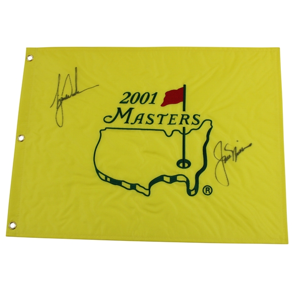 Tiger Woods & Jack Nicklaus Signed 2001 Masters Embroidered Flag - Tiger Slam JSA #B47339