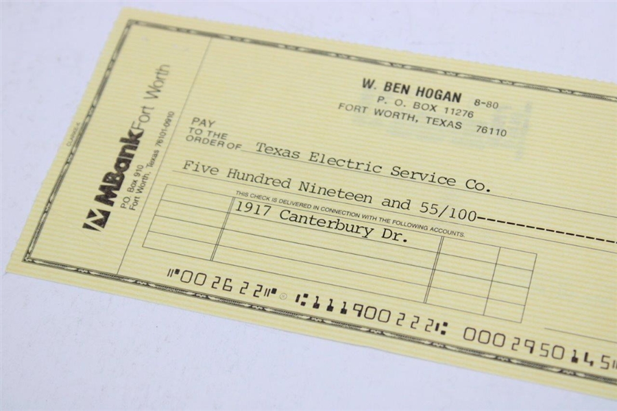 Ben Hogan Signed 1989 Personal Check to Texas Electric Service Co. JSA ALOA