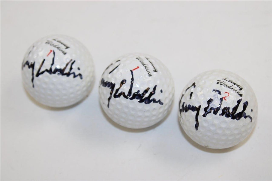 Three (3) Lanny Wadkins Signed Personal Logo Golf Balls in Sleeve JSA ALOA