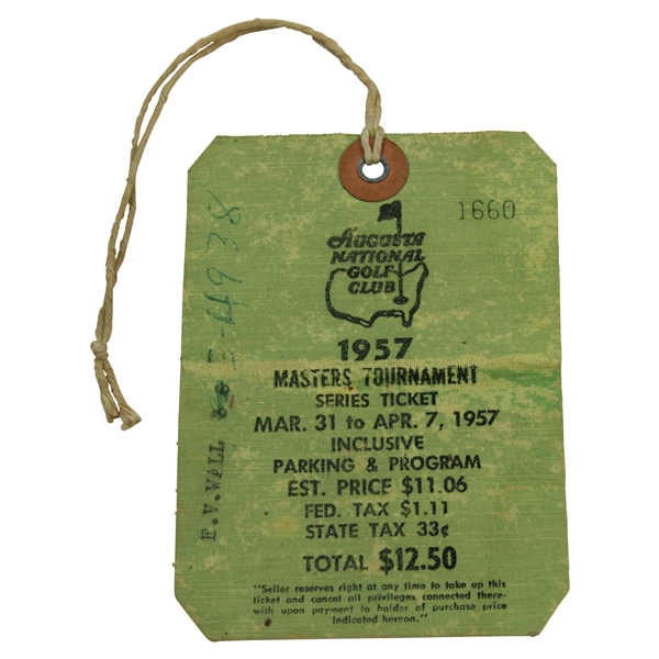 1957 Masters Tournament SERIES Badge #1660 with Original String - Doug Ford Winner