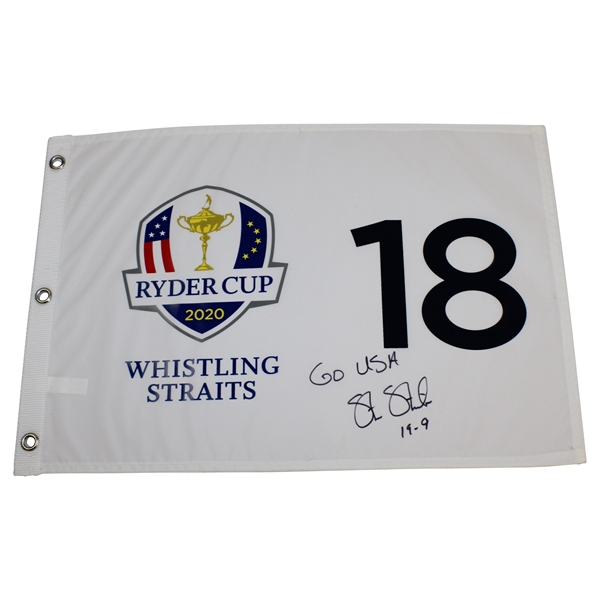 Steve Stricker Signed 2020 Ryder Cup at Whistling Straits Flag with 'Go USA!' & '19-9' JSA ALOA