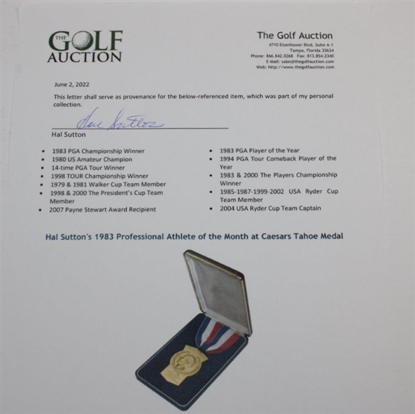 Hal Sutton's 1983 Professional Athlete of the Month at Caesars Tahoe Gold Plated Medal