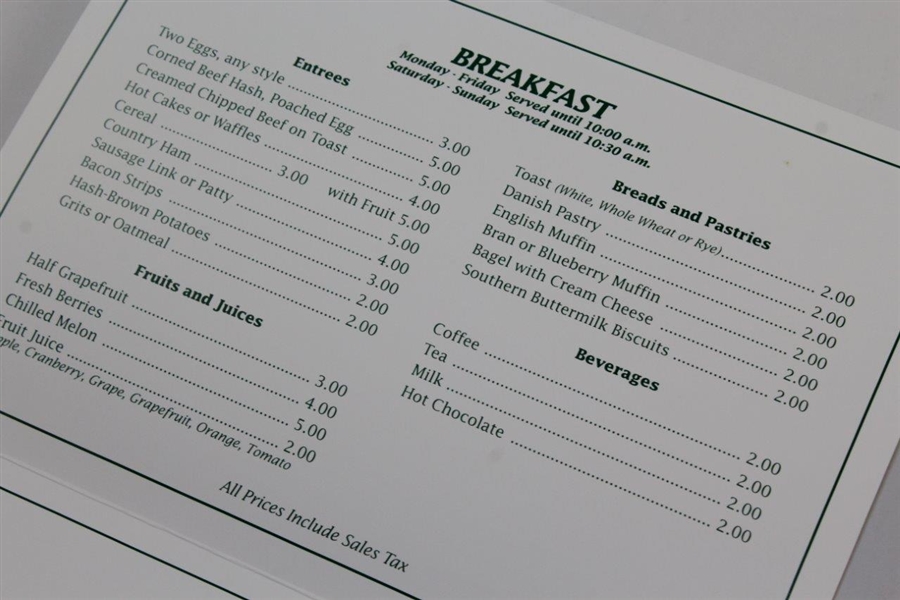 2002 Masters Tournament Clubhouse Breakfast & Lunch Menu