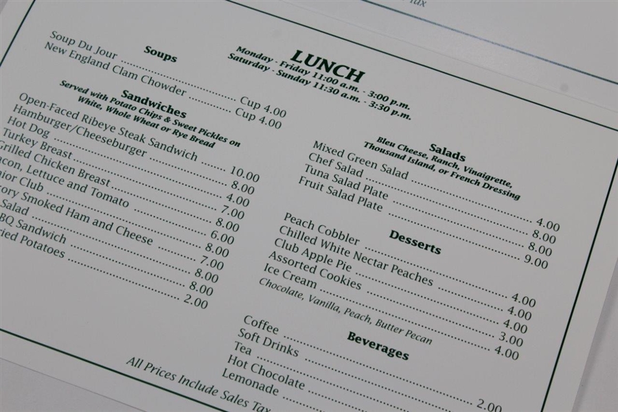 2002 Masters Tournament Clubhouse Breakfast & Lunch Menu