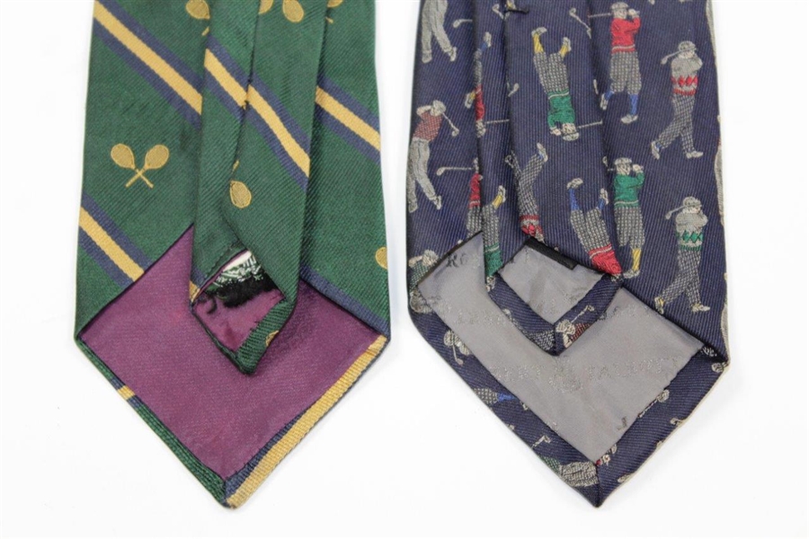 Two Classic Neckties - Golfer Collage Themed & Crossed Rackets Tennis Themed