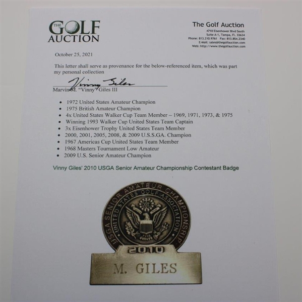 Vinny Giles' 2010 USGA Senior Amateur Championship Contestant Badge
