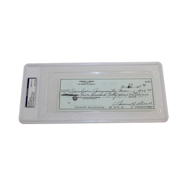 Sam Snead Signed 12/26/1989 Personal Check to Corilon Cornersecurity Care PSA/DNA 83511535 GEM MT 10