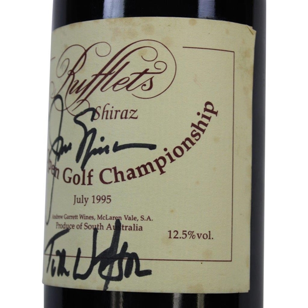 Tiger Woods, Jack Nicklaus, & Watson Signed 1995 OPEN Championship Wine Bottle JSA ALOA