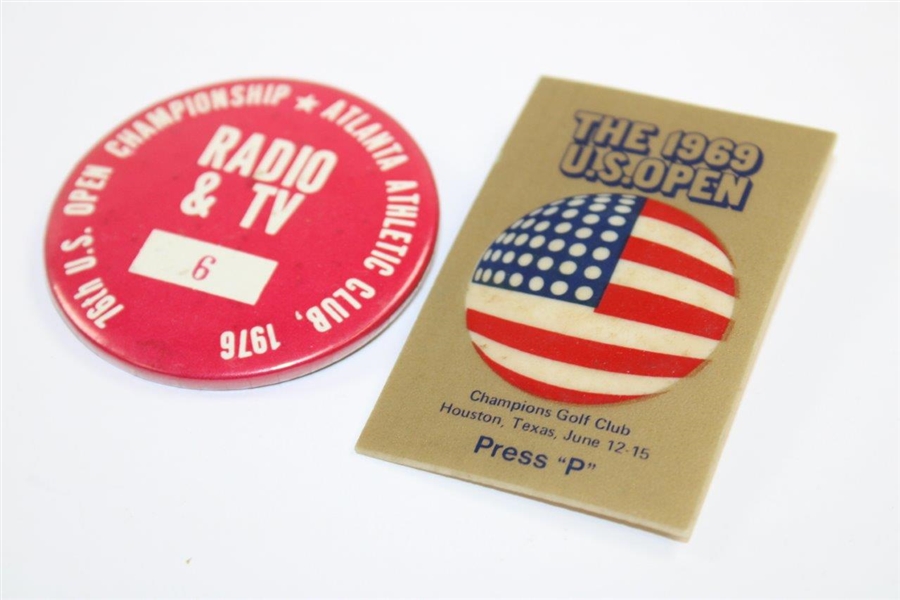 Two (2) US Open Press/Radio & TV Badges - 1976 at AAC & 1969 at Champions GC