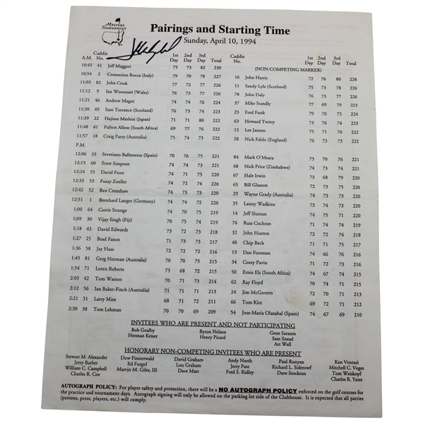 Jose Maria Olazabal Signed 1994 Masters Tournament Sunday Final Rd Pairing Sheet JSA ALOA