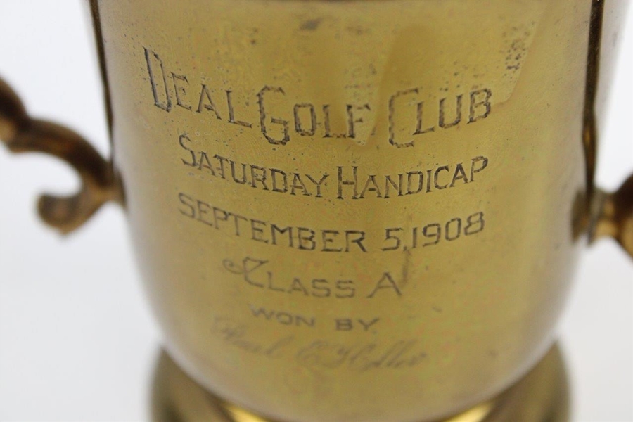 1908 Deal Golf Club Saturday Handicap Class A 2 Handle Brass Golf Trophy Won by Paul E. Heller