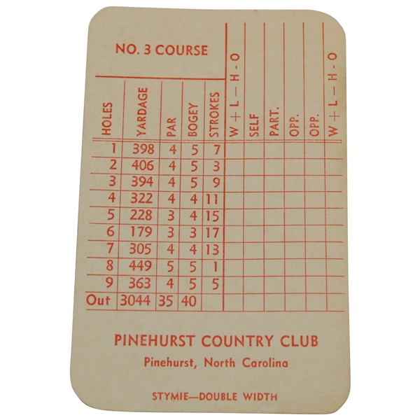 Vintage Pinehurst Country Club No. 3 Course Official Scorecard with Stymie-Double Width