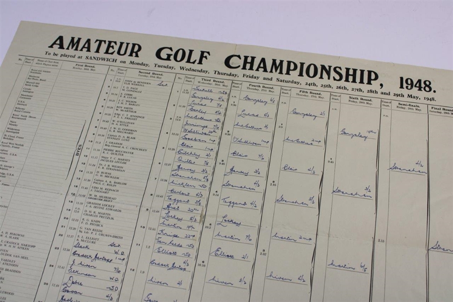 1948 The Amateur Golf Championship At Royal St. George's Bracket/Pairings Sheet - Filled Out