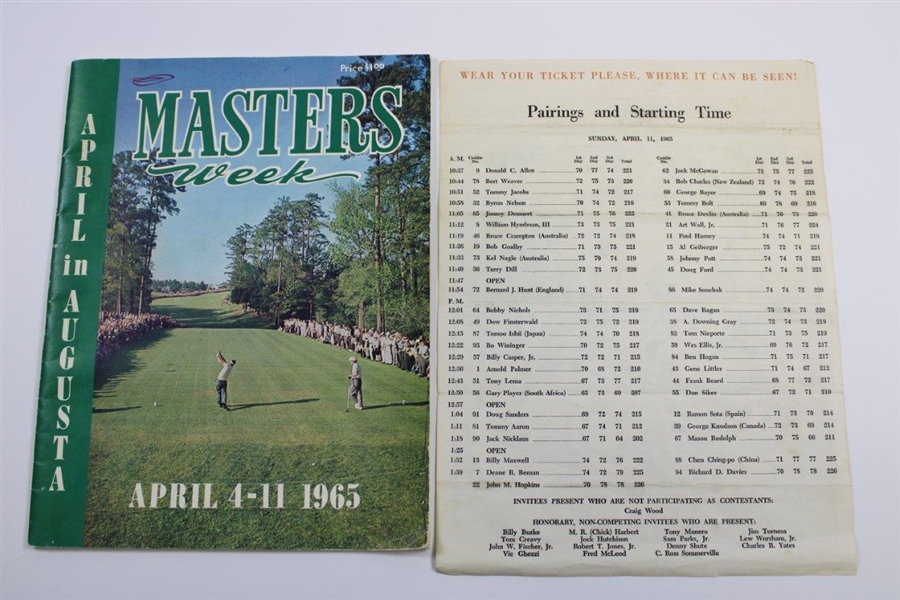 1965 Masters Sunday Pairings Sheet & Masters Week Magazine