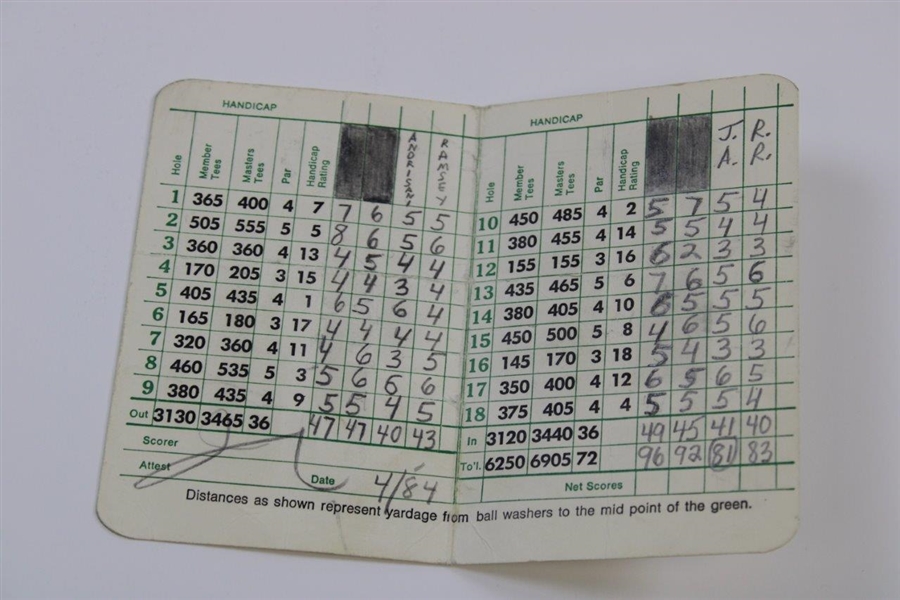 Original Augusta National Golf Cub Scorecard Used by Writer Andrisani with 'Golf Heaven' Book