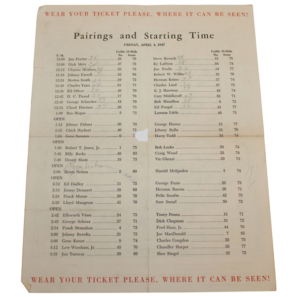 1947 Masters Tournament Friday Pairing Sheet Jimmy Demaret Winner