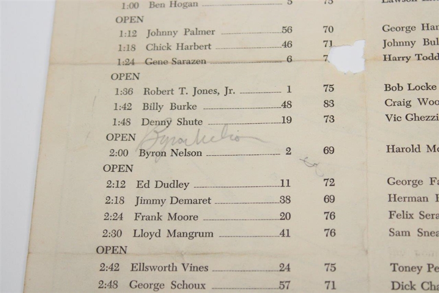 1947 Masters Tournament Friday Pairing Sheet Jimmy Demaret Winner