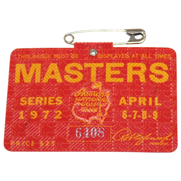 1972 Masters Tournament Series Badge #6108 Nicklaus Win