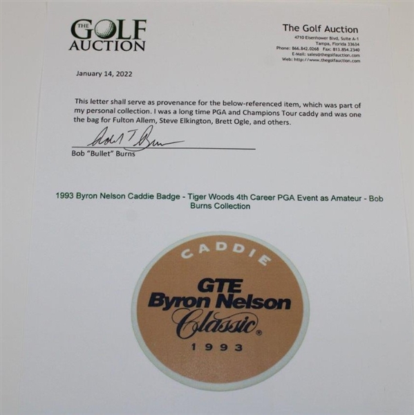 1993 Byron Nelson Caddie Badge - Tiger Woods 4th Career PGA Event as Amateur - Bob Burns Collection